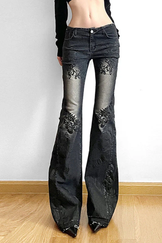 Vintage Plant Print Flared Jeans - Image 2
