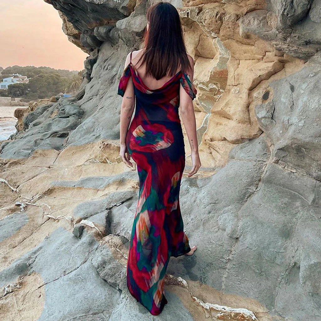 Vintage Print Cowl Neck Cold Shoulder Vacation Maxi Dress - Red - Image 5