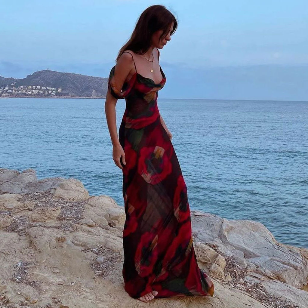 Vintage Print Cowl Neck Cold Shoulder Vacation Maxi Dress - Red - Image 7