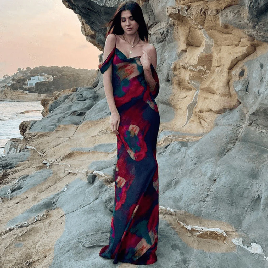 Vintage Print Cowl Neck Cold Shoulder Vacation Maxi Dress - Red - Image 9