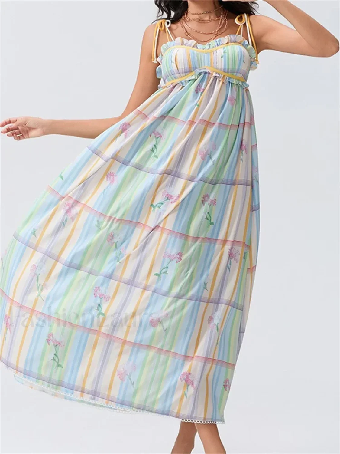 Vintage Ruched Print Strap Maxi Dress - Image 9