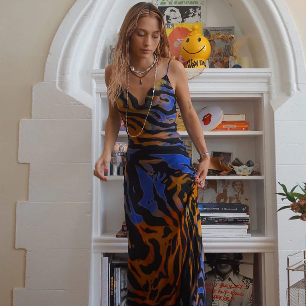 Vintage Style Striped Printed Cowl Neck Slip Maxi Dress - Black - Image 5