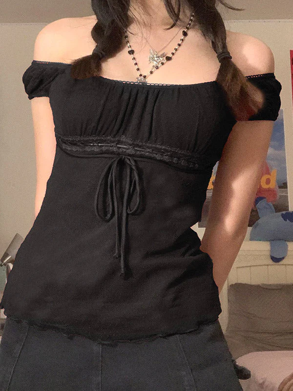 Vintage Tie Front Lace Trim Blouse - Image 11