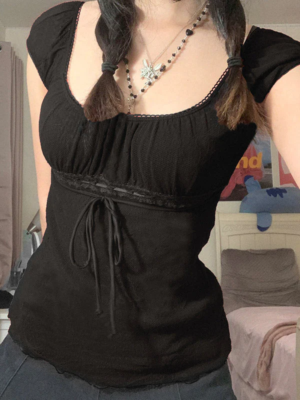 Vintage Tie Front Lace Trim Blouse - Image 18