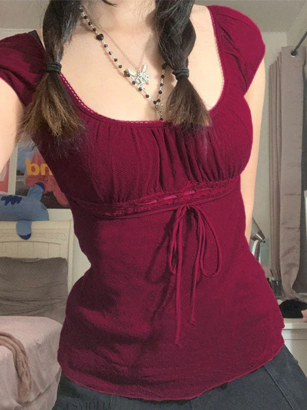Vintage Tie Front Lace Trim Blouse - Image 22