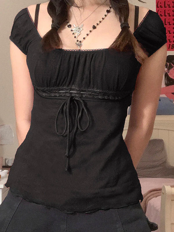 Vintage Tie Front Lace Trim Blouse - Image 27