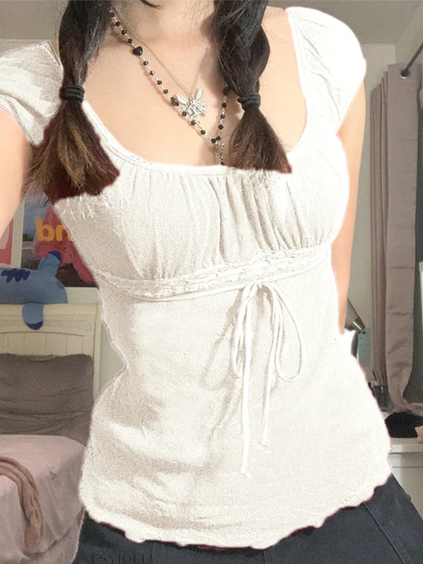 Vintage Tie Front Lace Trim Blouse - Image 28