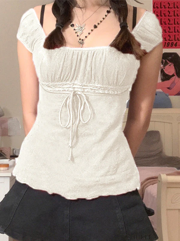 Vintage Tie Front Lace Trim Blouse - Image 29