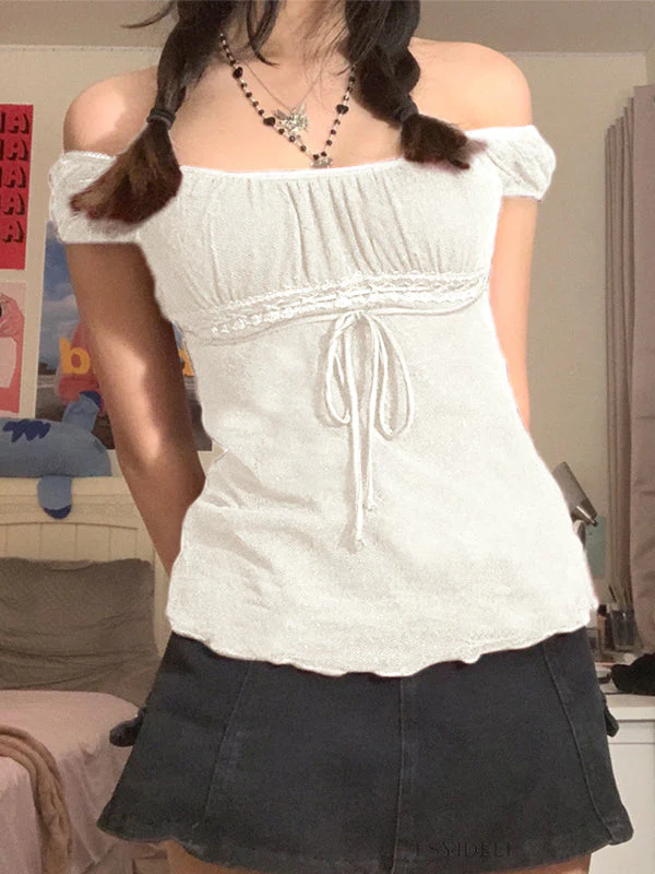 Vintage Tie Front Lace Trim Blouse - Image 7