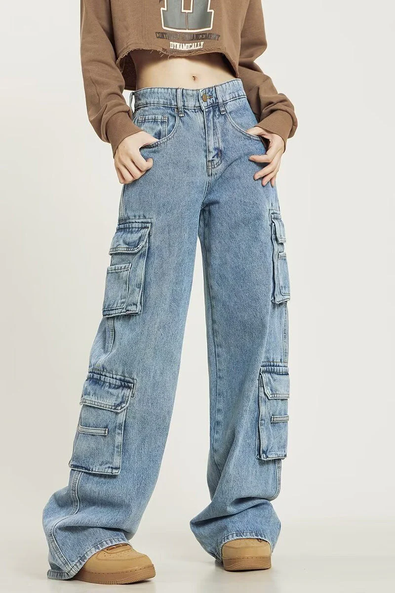 Vintage Washed Wide Leg Cargo Jeans - Image 3