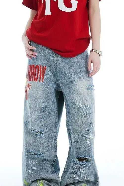 Washed Embroidered Loose Jeans - Image 4