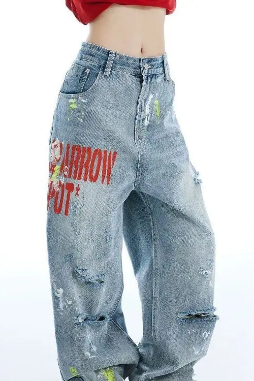 Washed Embroidered Loose Jeans - Image 8