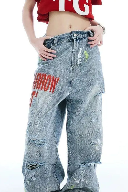 Washed Embroidered Loose Jeans - Image 9