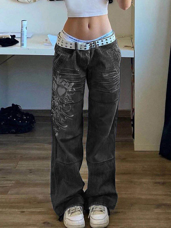 Washed Heart Pattern Cargo Jeans - Image 12