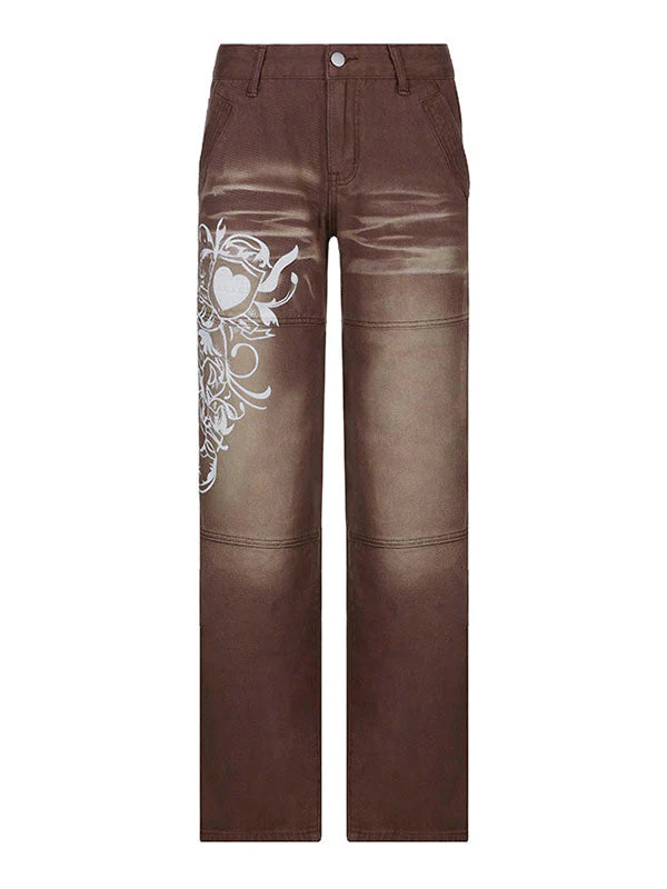 Washed Heart Pattern Cargo Jeans - Image 32