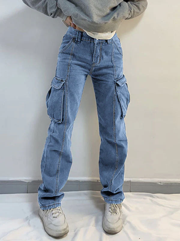 Washed Mid Waist Pocket Cargo Jeans - Image 10