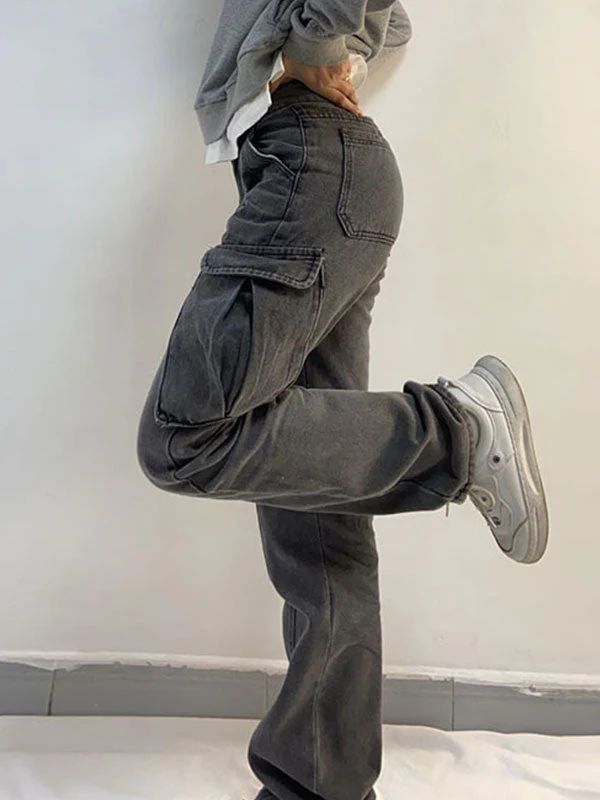 Washed Mid Waist Pocket Cargo Jeans - Image 2