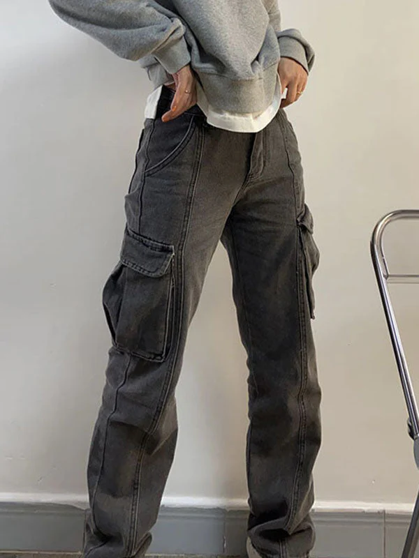 Washed Mid Waist Pocket Cargo Jeans - Image 4