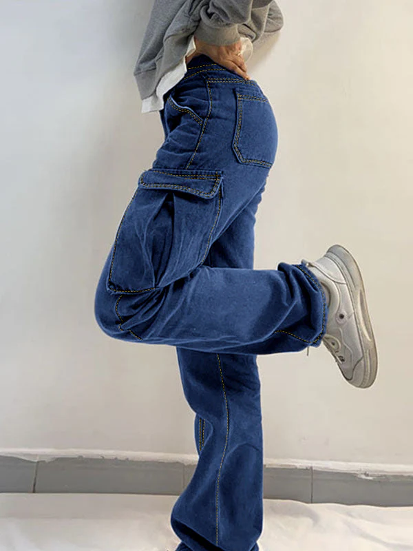 Washed Mid Waist Pocket Cargo Jeans - Image 40