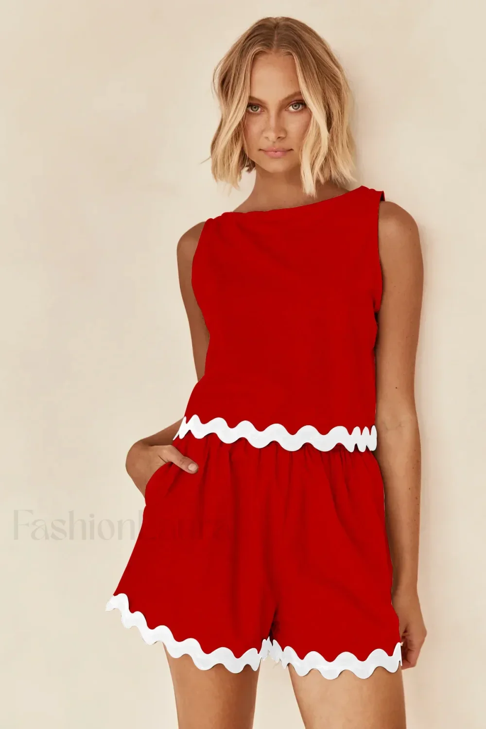 Wave Stripe Patchwork O Neck Tops Fashion Shorts Two Piece Set - Image 8