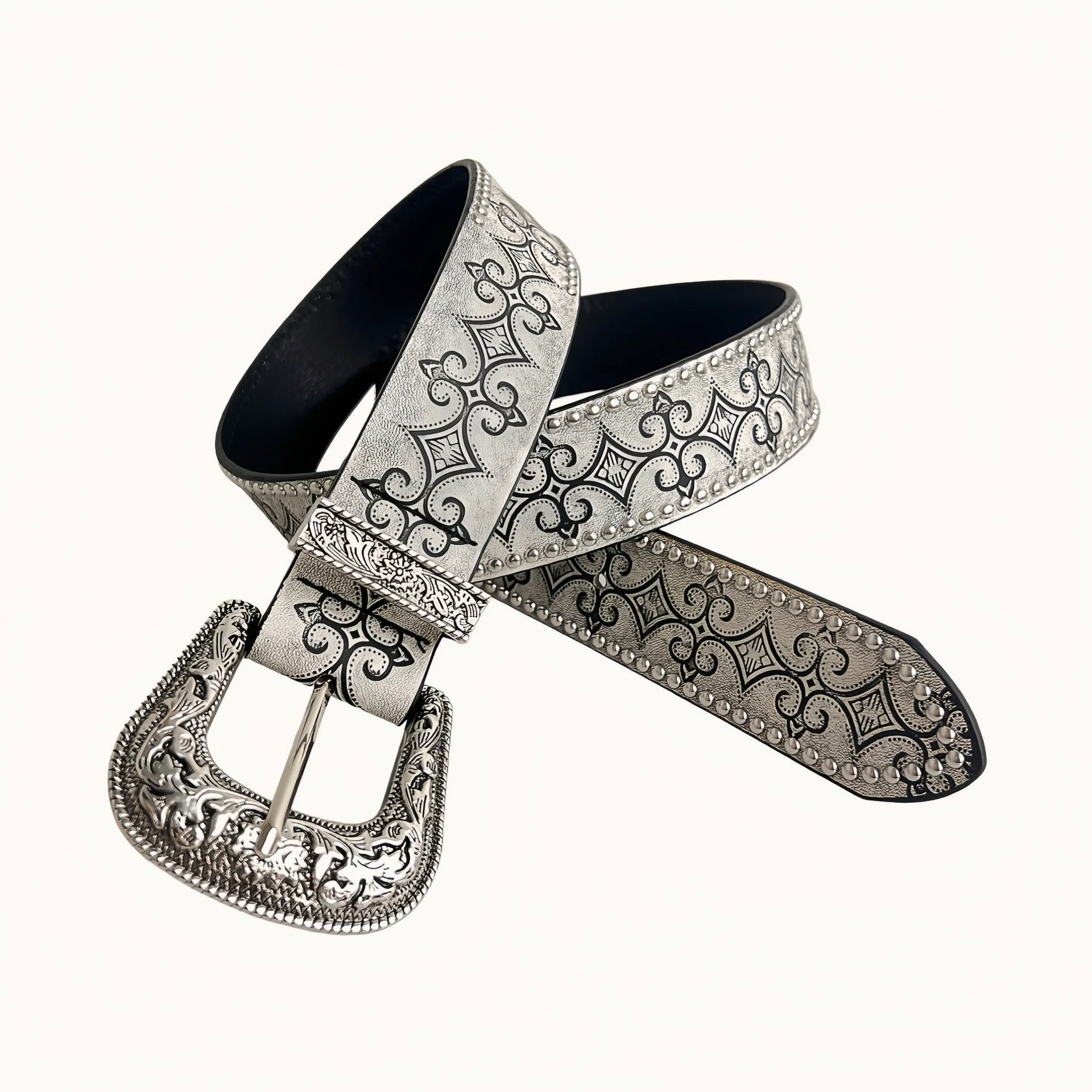 White Embossed Leather Retro Belt - Image 7