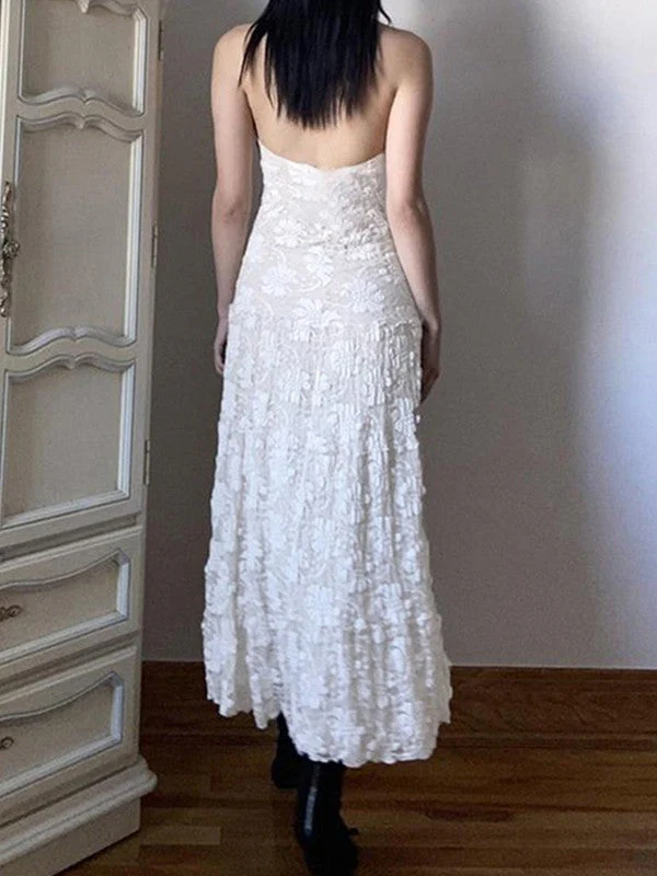 White Floral Lace Halter Maxi Dress - Image 4