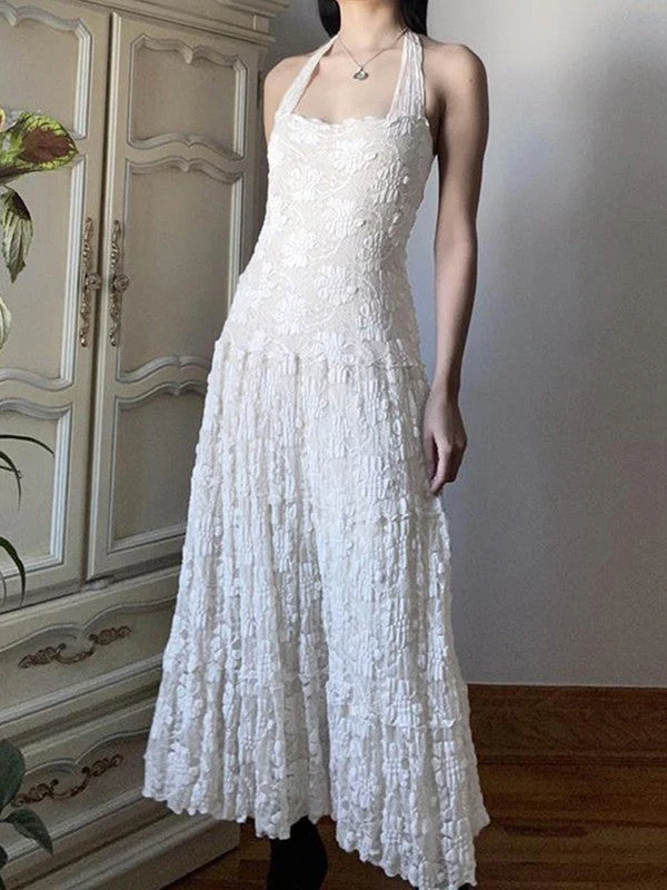 White Floral Lace Halter Maxi Dress - Image 9