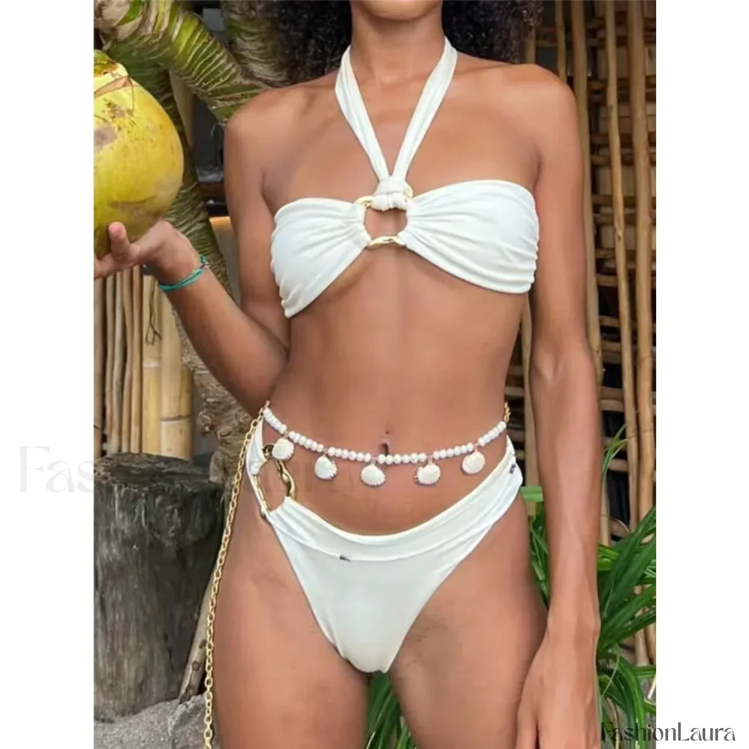 White Halter Low Waist Bikini Set - Image 4
