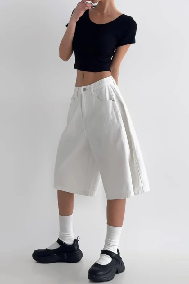 White High Waist Minimalist Wide Leg Denim Shorts - Image 4