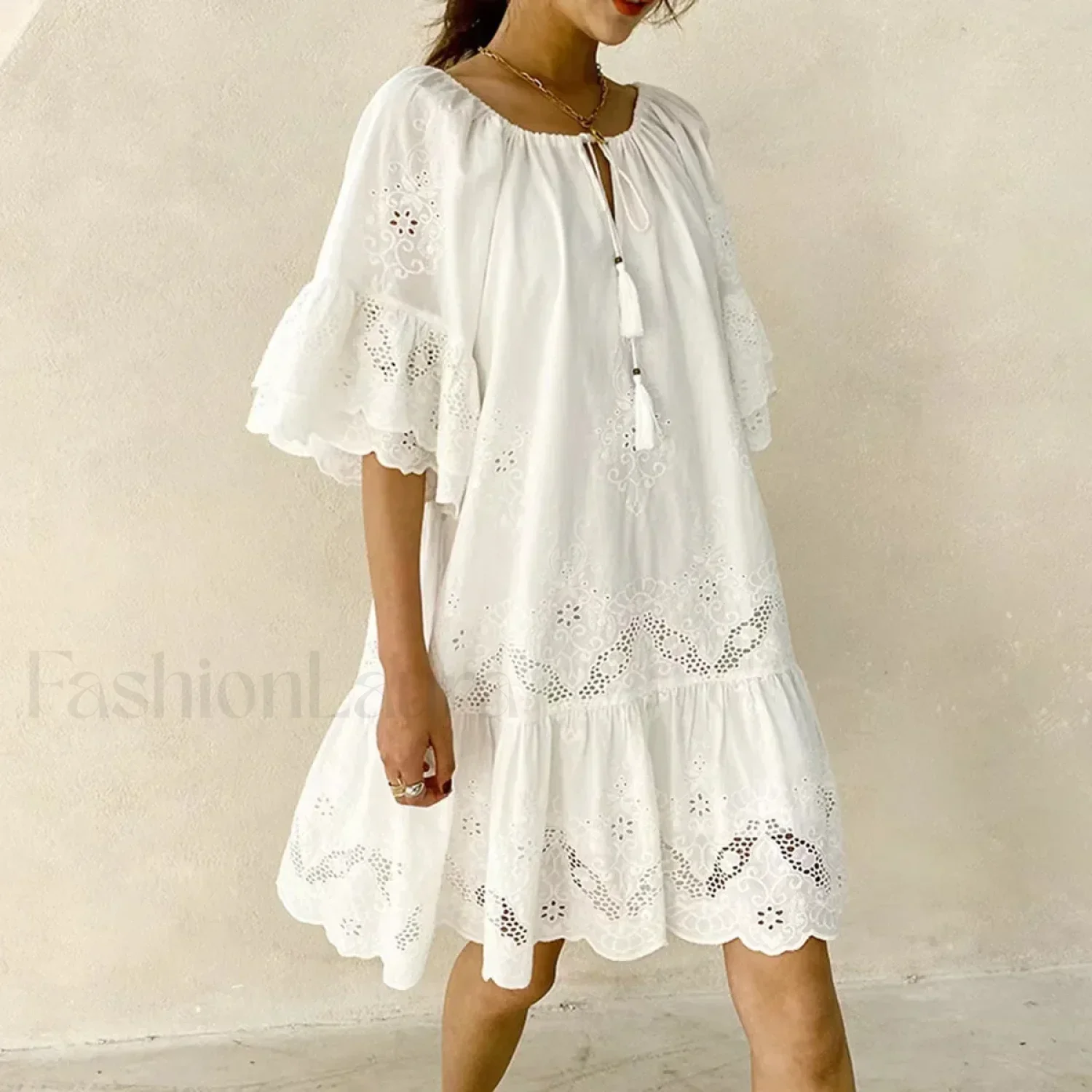 White Lace Pullover Boho Dress - Image 4