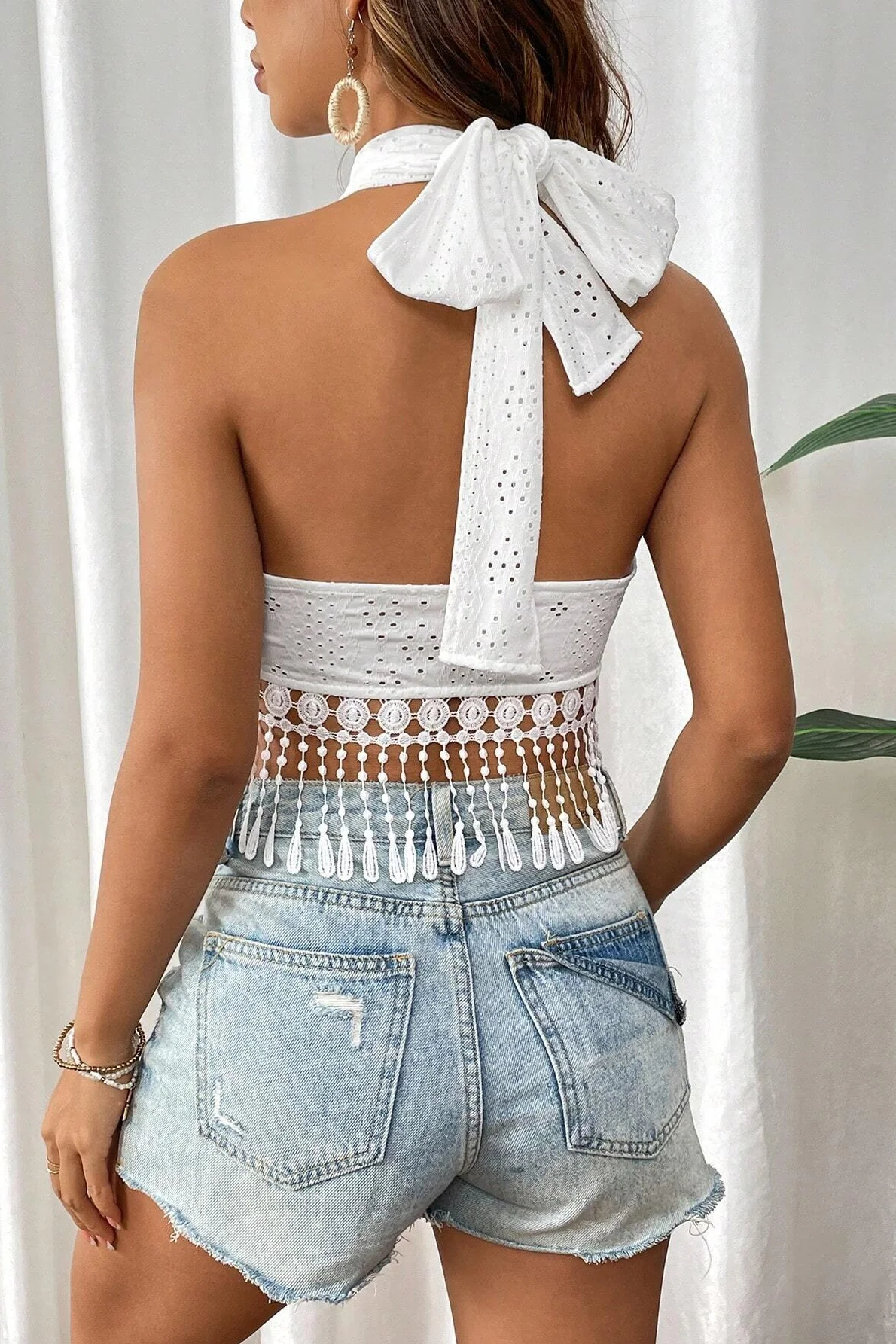 White Lace Strapless Fringe Halter Top - Image 2
