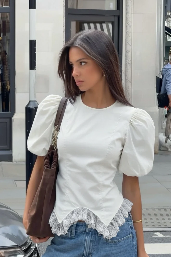 White Lace Trim Ruched Waist Puff Sleeve Blouse