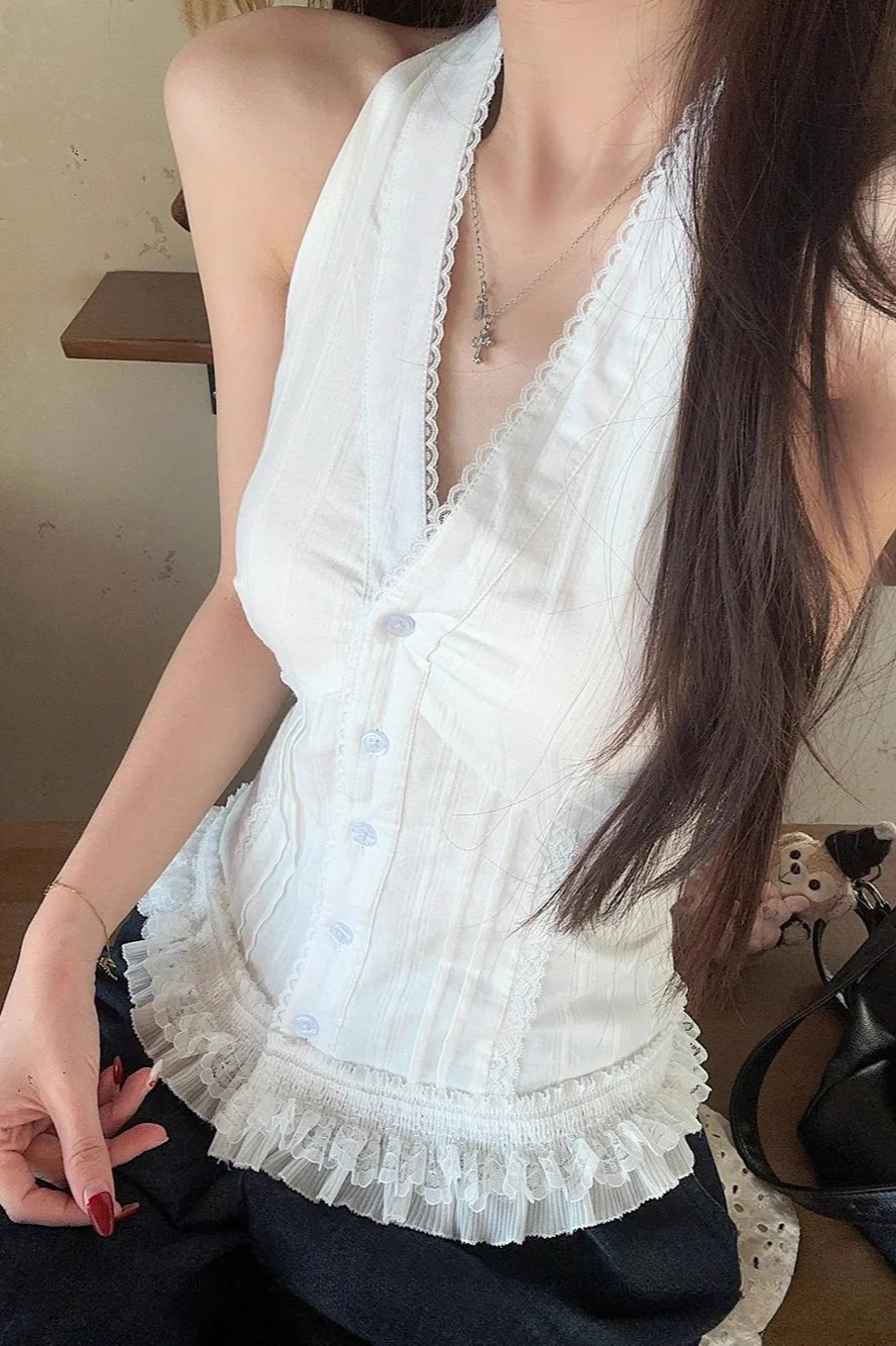 White Lace Trim V Neck Halter Waist Tie Halter Top