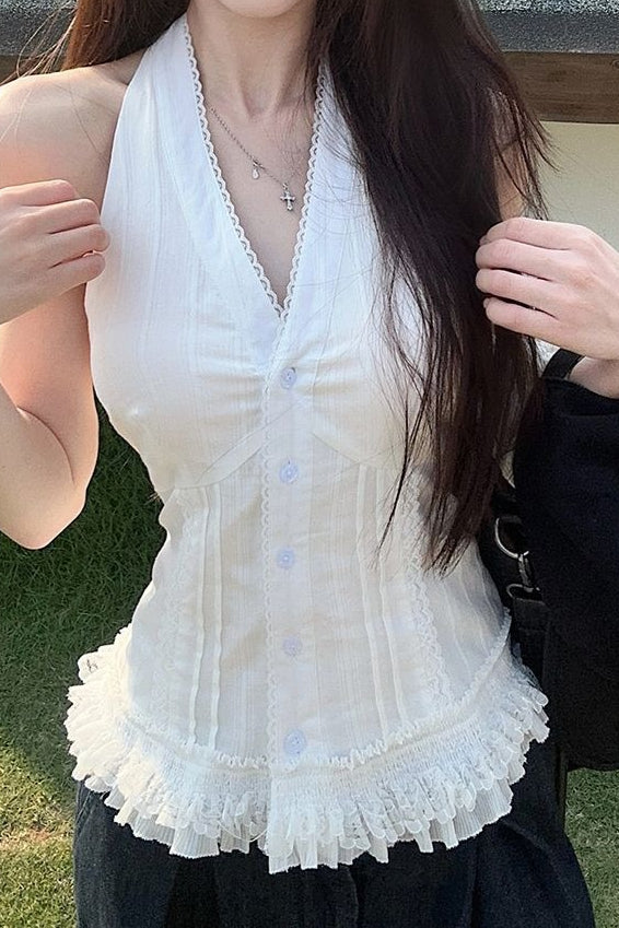 White Lace Trim V Neck Halter Waist Tie Halter Top - Image 3