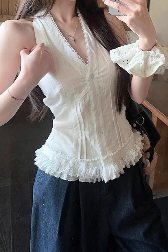 White Lace Trim V Neck Halter Waist Tie Halter Top - Image 7