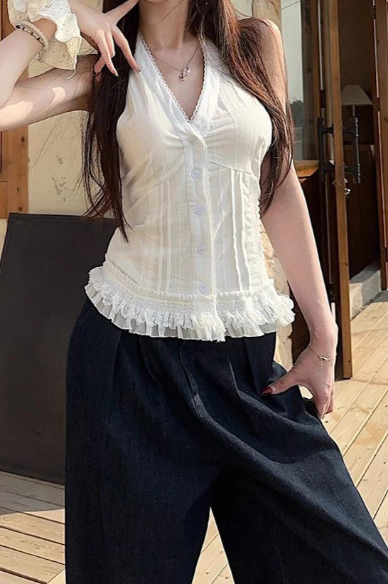 White Lace Trim V Neck Halter Waist Tie Halter Top - Image 9