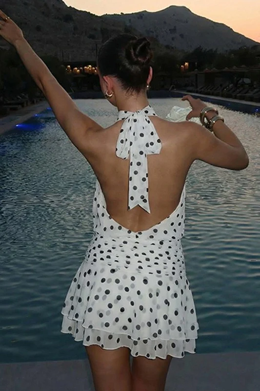 White Polka Dot Halter Backless A Line Mini Dress - Image 2