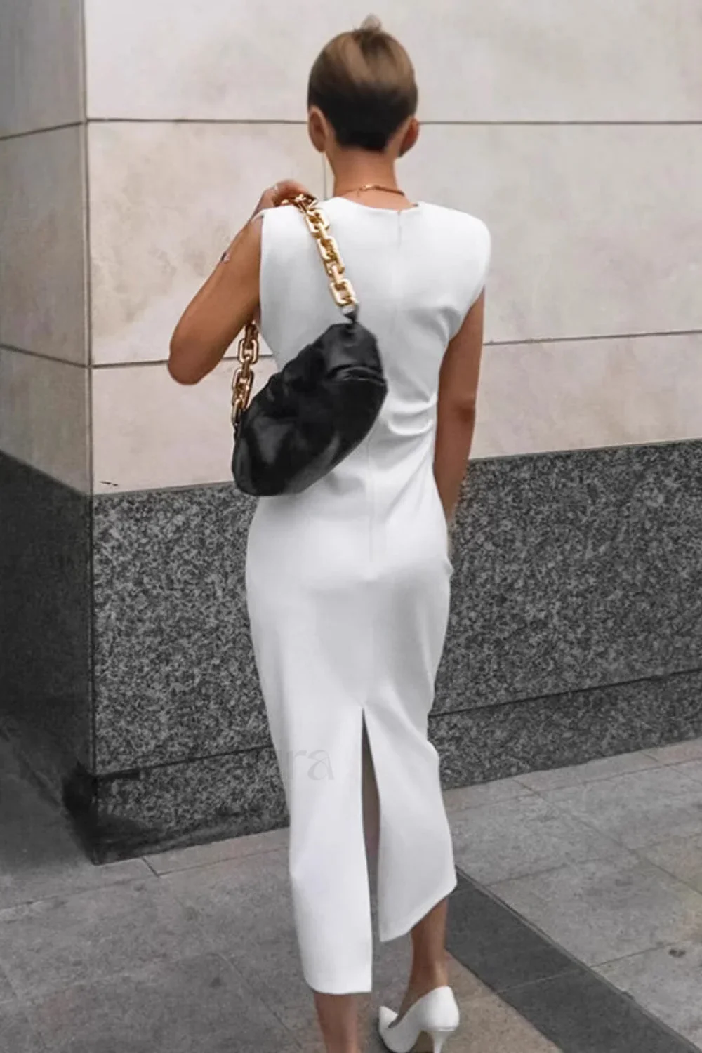 White Round Neck Split Bodycon Work Dress - Image 3
