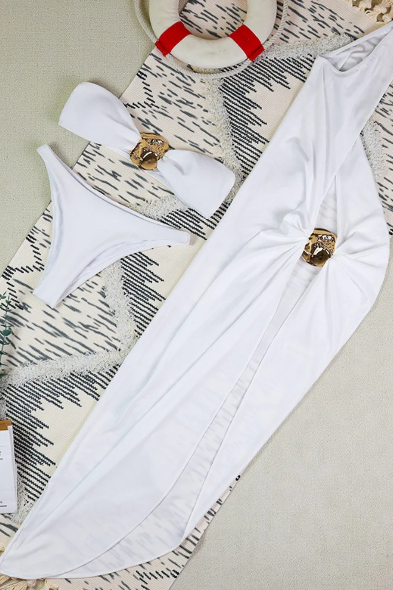 White Ruched High Slit Three Piece Swim Set - Image 4