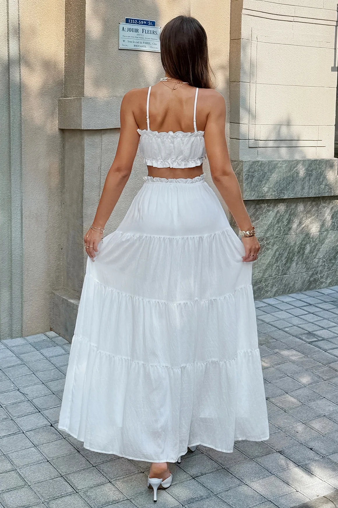 White Ruffle Trim Cami Tube Top Skirt Set - Image 2