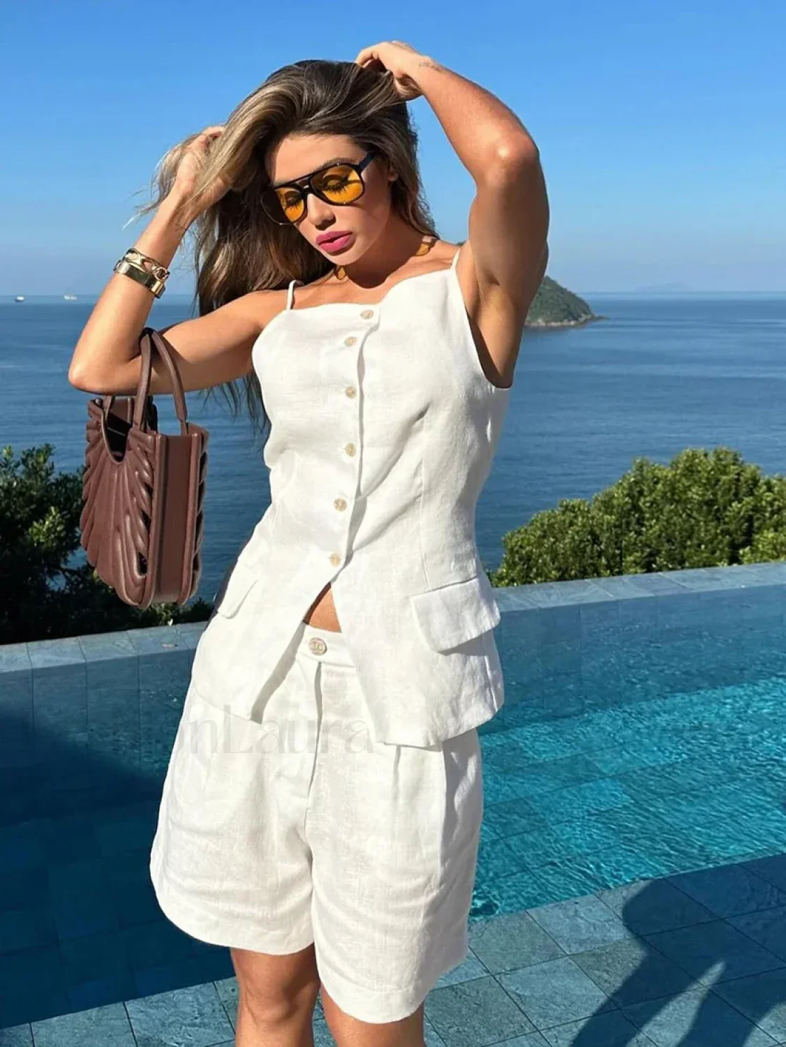 White Sleeveless Backless Shorts Two Piece Set - Image 4