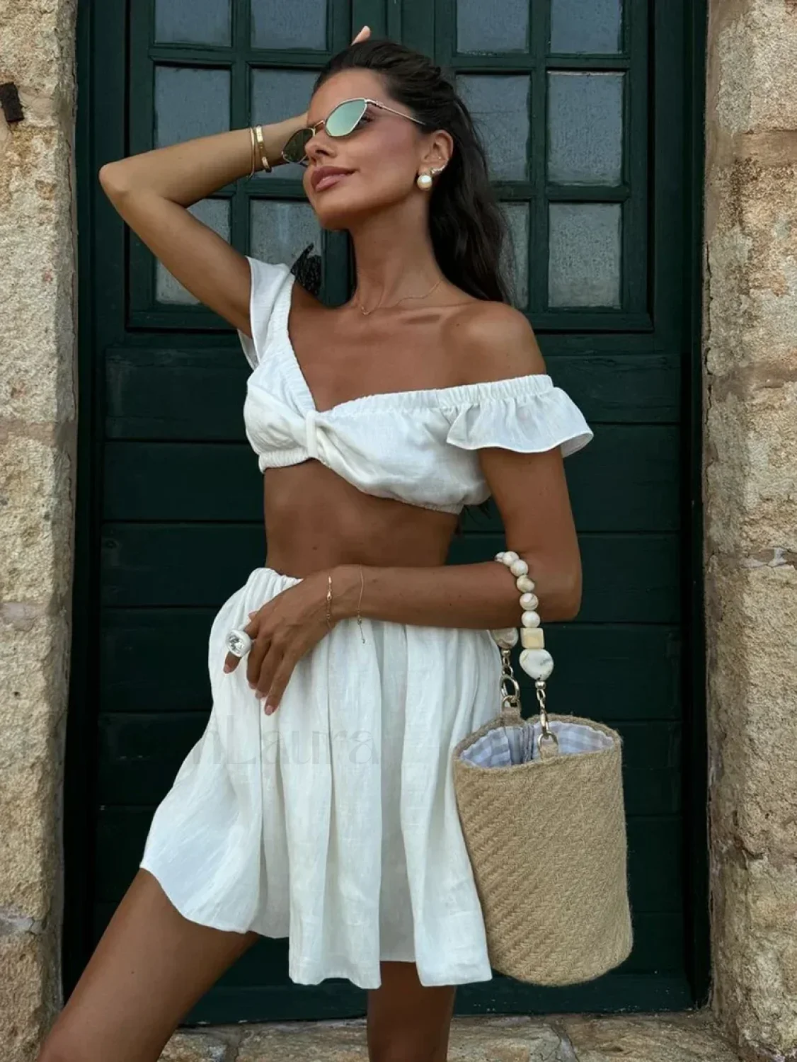 White V-Neck Sleepwear Shorts Two Piece Set - Image 4