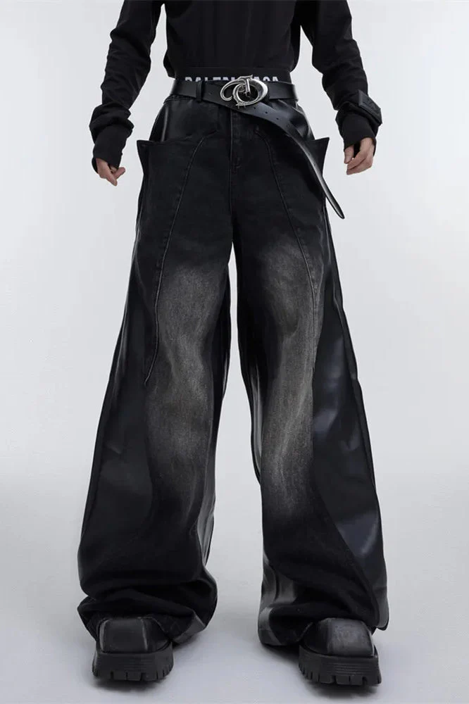 Wide Leg PU Leather Patchwork Jeans - Image 24