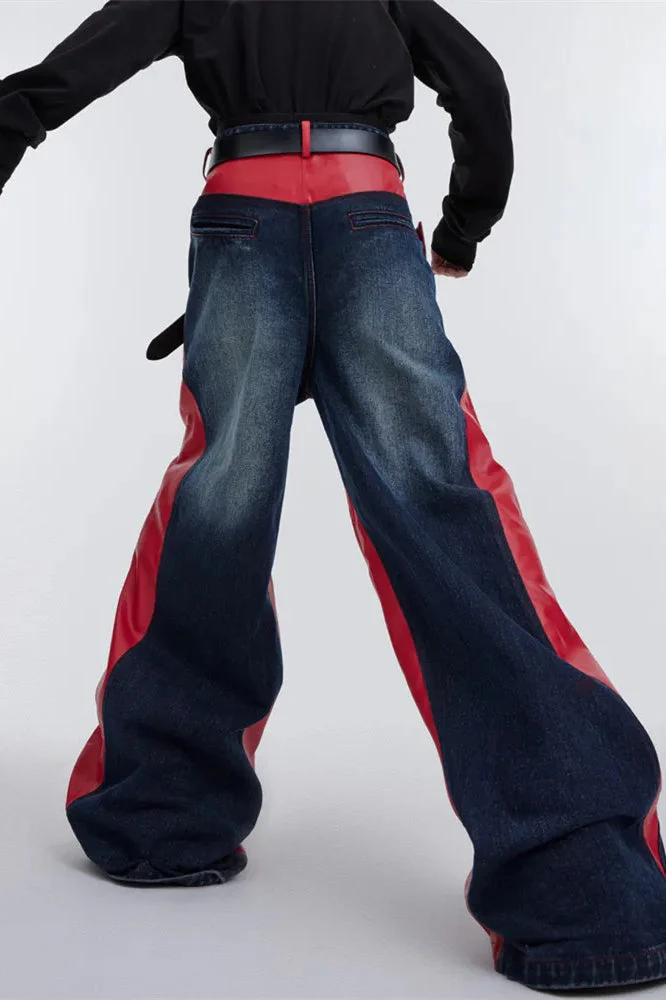 Wide Leg PU Leather Patchwork Jeans - Image 6