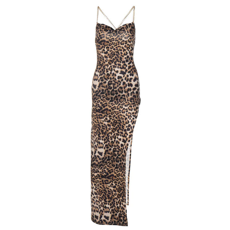 Wild Printed High Slit Cowl Neck Cross Chain Maxi Dress - Leopard - Image 6