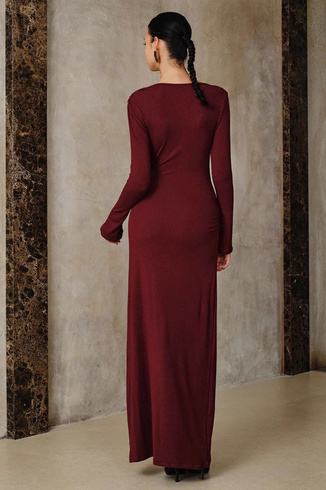 Wine Red Bodycon Metallic Trim Dress - Image 3