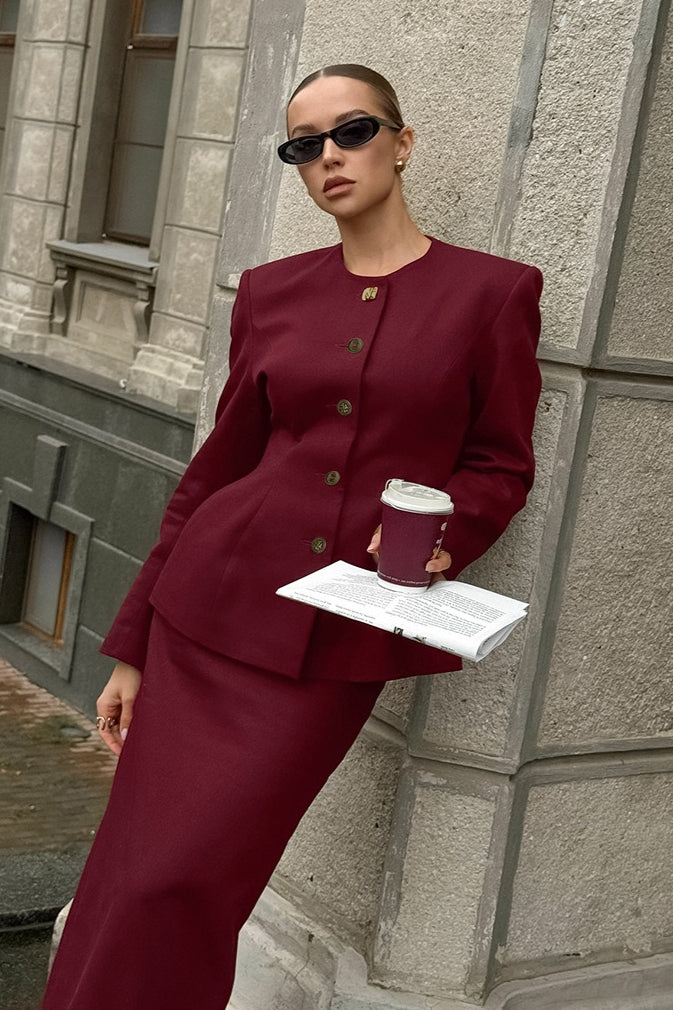 Wine Red Tie Waist Two Piece Blazer Skirt Set - Image 7