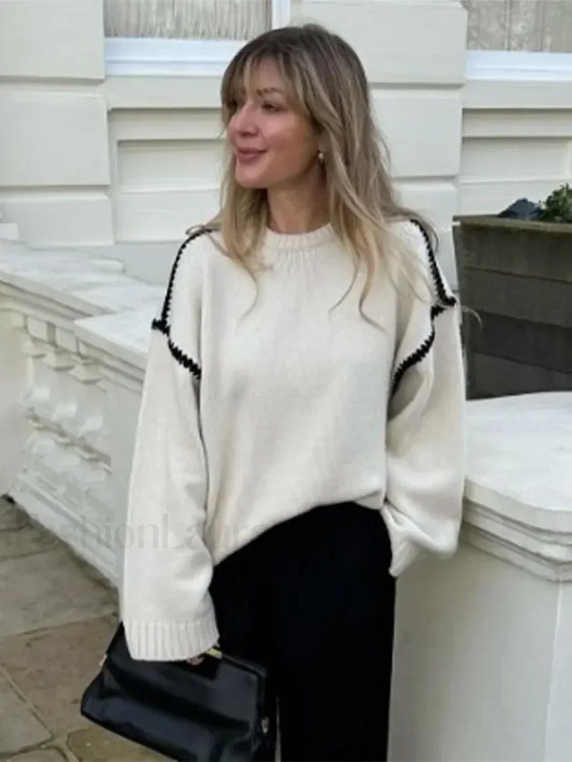 Women Elegant Contrast O Neck Knitted Casual Long Sleeve Loose Sweater - Image 14