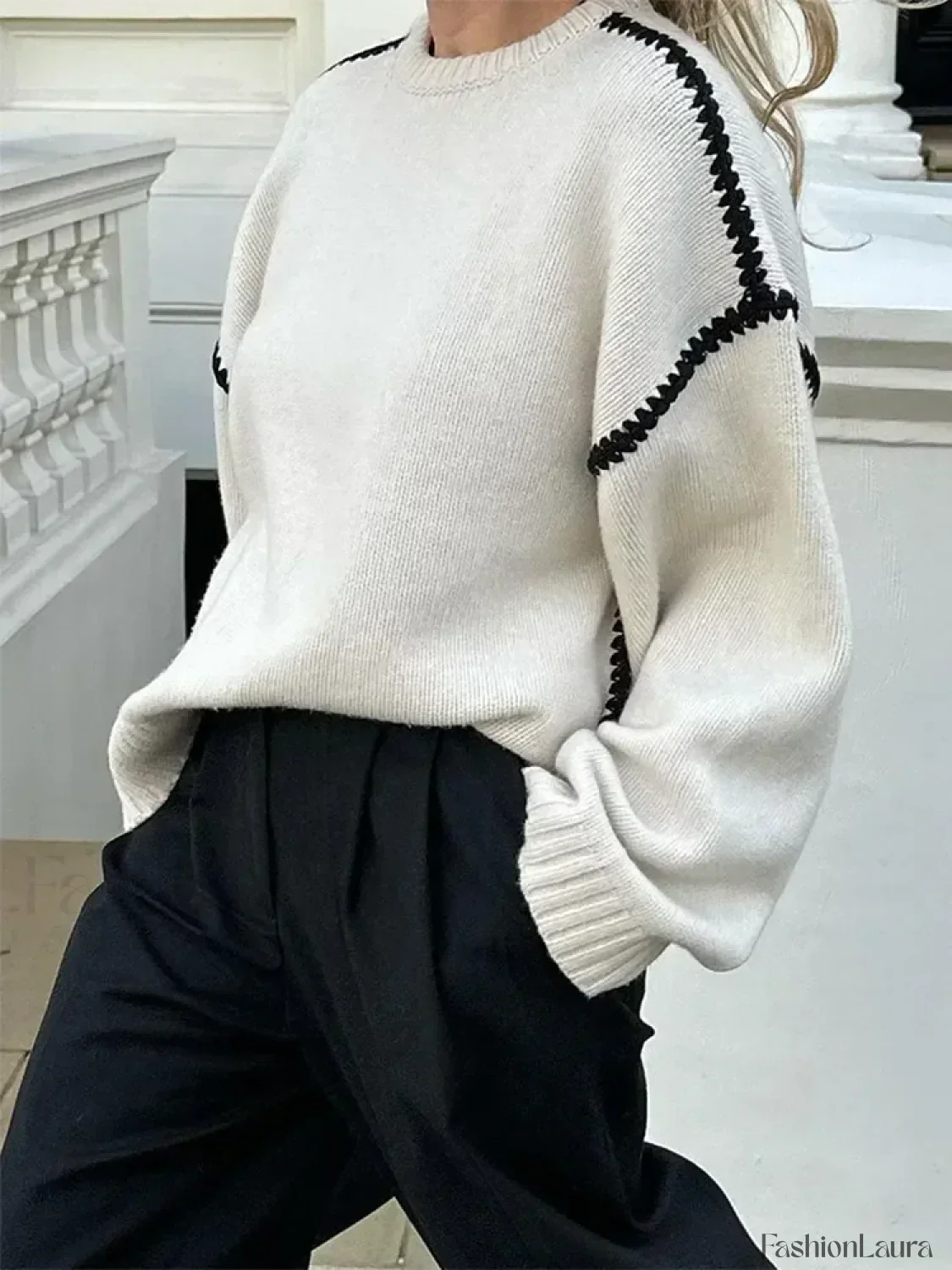 Women Elegant Contrast O Neck Knitted Casual Long Sleeve Loose Sweater - Image 15