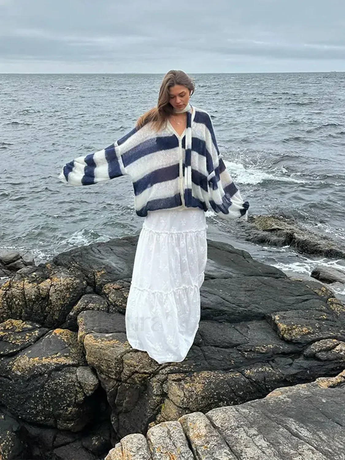 Women Fashion Contrast Striped Knitted Cardigan With Scarf Elegant V Neck Sweater - Image 13